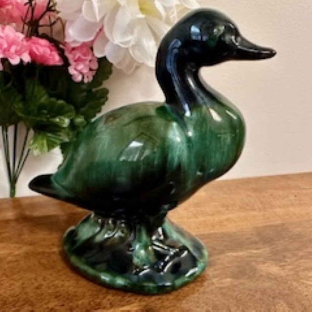 Vintage Blue Mountain Pottery Duck Figurine Canadian Green Drip Glaze Bird Goose